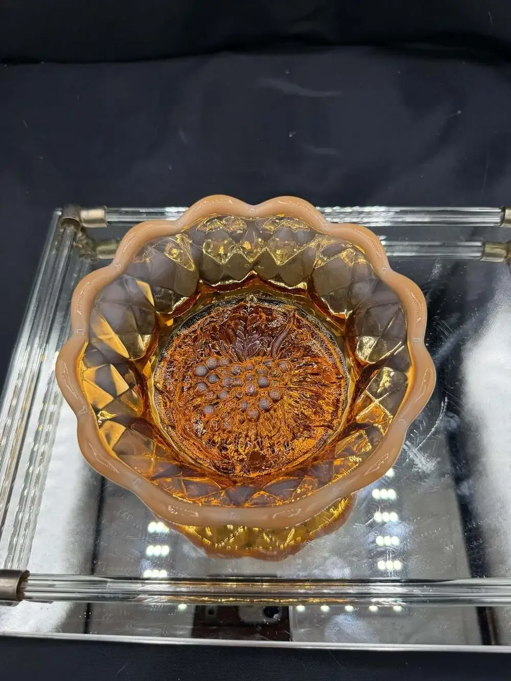 Vintage Fenton Art Glass Amber Opalescent Quilted Grape Pattern Scalloped Bowl
